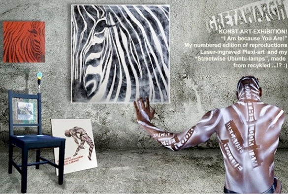 Några UBUNTU- verk jag gjort. Mandelastolen som också är en golglampa. En plexi- och canvastavla med Zebra, Zebramålade dansare.
